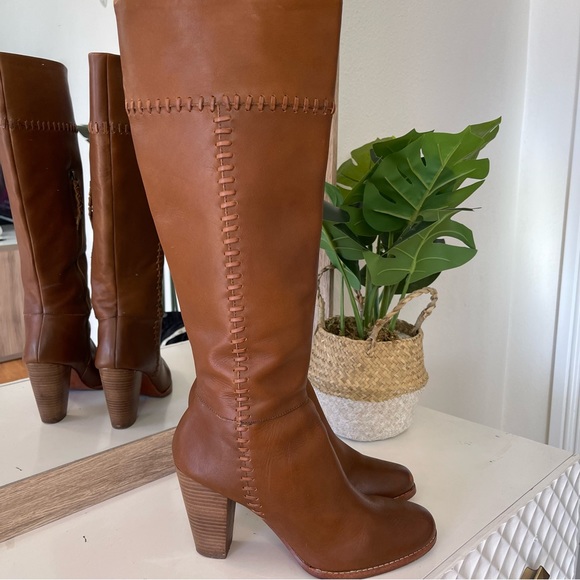 Joie Tall Leather Cognac Exposed Stitch Block Heel Boots - Picture 3 of 12